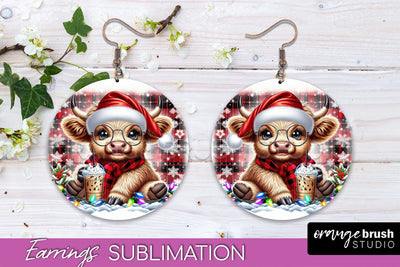 Christmas Round Earrings Sublimation - Highland Cow Earrings Sublimation OrangeBrushStudio 