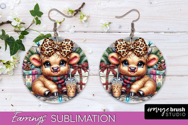 Christmas Round Earrings Sublimation - Highland Cow Earrings Sublimation OrangeBrushStudio 