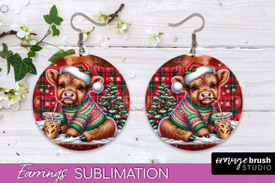 Christmas Round Earrings Sublimation - Highland Cow Earrings Sublimation OrangeBrushStudio 