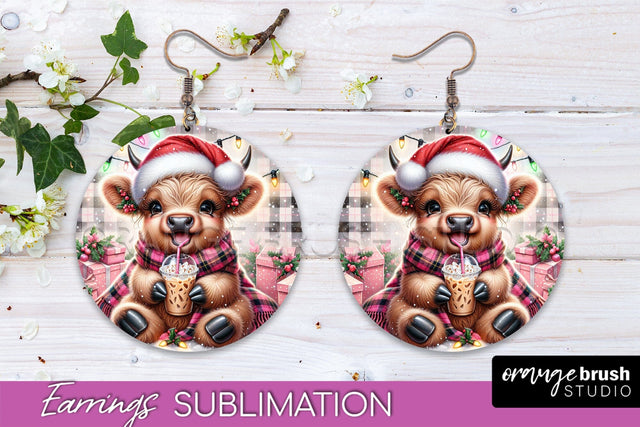 Christmas Round Earrings Sublimation - Highland Cow Earrings Sublimation OrangeBrushStudio 