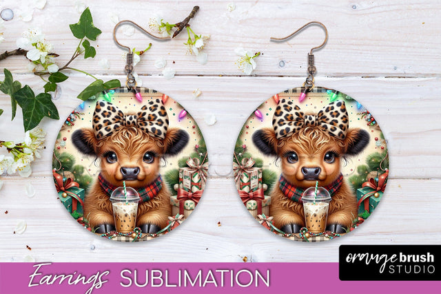 Christmas Round Earrings Sublimation - Highland Cow Earrings Sublimation OrangeBrushStudio 
