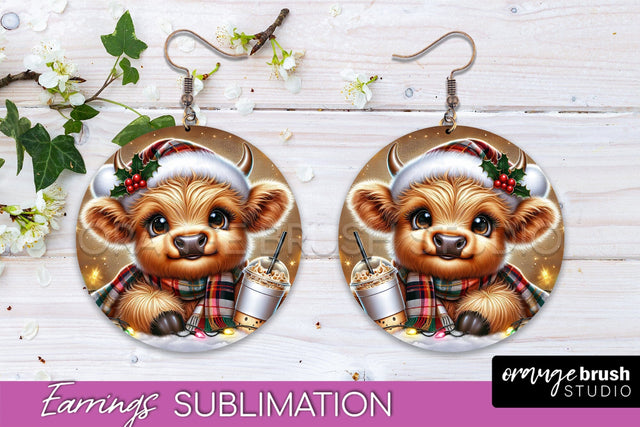 Christmas Round Earrings Sublimation - Highland Cow Earrings Sublimation OrangeBrushStudio 