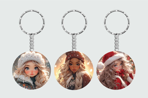 Christmas Round Keychain Bundle, Christmas Girl Sublimation Sublimation OrangeBrushStudio 