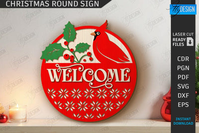 Christmas Round Sign Laser Cut | Winter Front Door Decor | Welcome Wall Sign | CNC File SVG Fly Design 