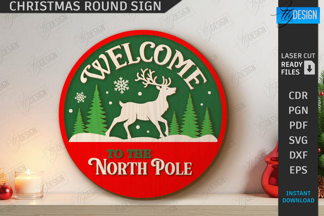 Christmas Round Sign Laser Cut | Winter Front Door Decor | Welcome Wall Sign | CNC File SVG Fly Design 