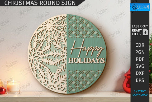 Christmas Round Sign Laser Cut | Winter Front Door Decor | Welcome Wall Sign | CNC File SVG Fly Design 