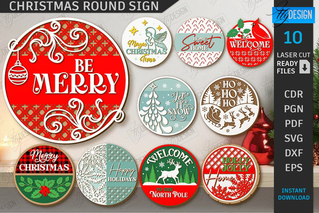 Christmas Round Signs Laser Cut Bundle | Winter Front Door Decor | Welcome Wall Signs | CNC Files SVG Fly Design 