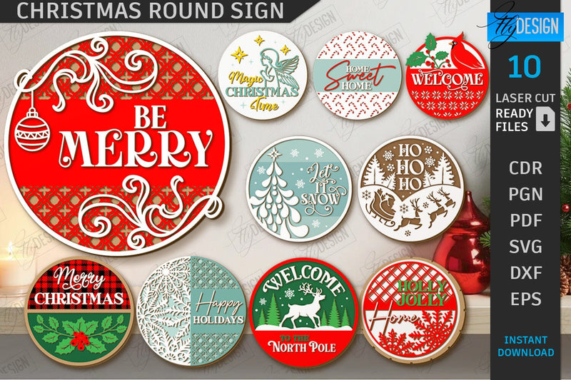 Christmas Round Signs Laser Cut Bundle | Winter Front Door Decor | Welcome Wall Signs | CNC Files SVG Fly Design 