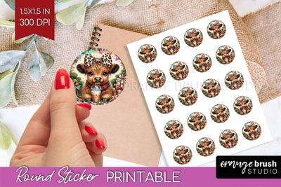Christmas Round Sticker - Highland Cow Printable Stickers Sublimation OrangeBrushStudio 