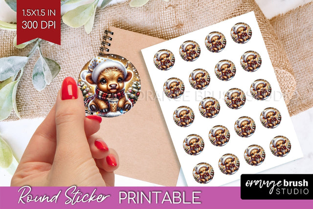 Christmas Round Sticker - Highland Cow Printable Stickers Sublimation OrangeBrushStudio 