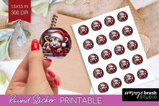 Christmas Round Sticker - Highland Cow Printable Stickers Sublimation OrangeBrushStudio 