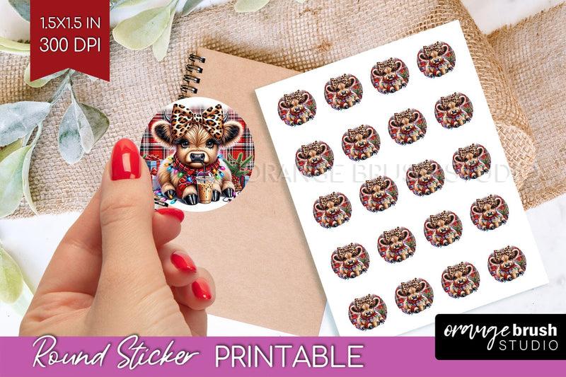 Christmas Round Sticker - Highland Cow Printable Stickers Sublimation OrangeBrushStudio 