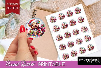 Christmas Round Sticker - Highland Cow Printable Stickers Sublimation OrangeBrushStudio 