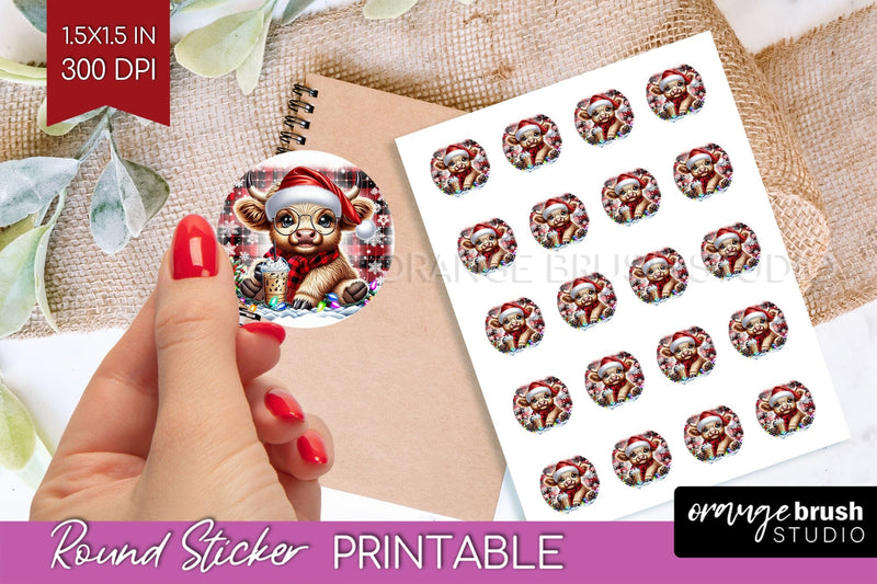 Christmas Round Sticker - Highland Cow Printable Stickers Sublimation OrangeBrushStudio 