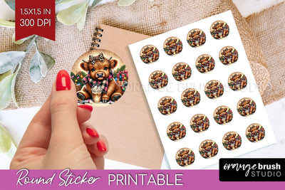 Christmas Round Sticker - Highland Cow Printable Stickers Sublimation OrangeBrushStudio 