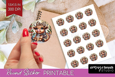 Christmas Round Sticker - Highland Cow Printable Stickers Sublimation OrangeBrushStudio 