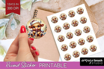 Christmas Round Sticker - Highland Cow Printable Stickers Sublimation OrangeBrushStudio 