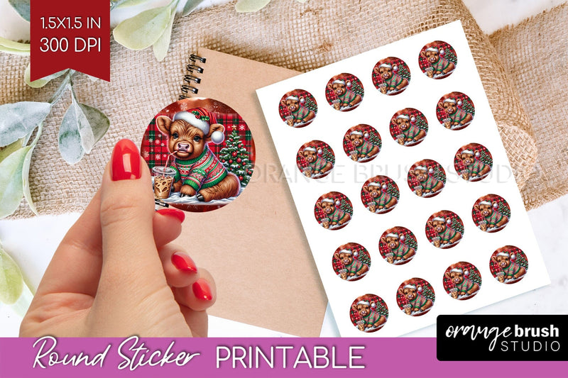 Christmas Round Sticker - Highland Cow Printable Stickers Sublimation OrangeBrushStudio 