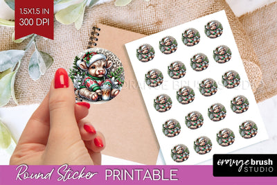 Christmas Round Sticker - Highland Cow Printable Stickers Sublimation OrangeBrushStudio 