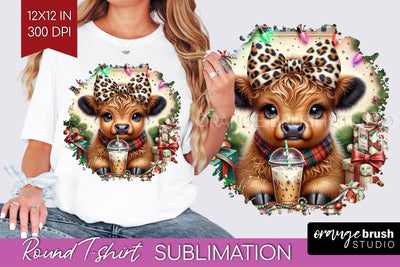 Christmas Round T Shirt Background - Highland Cow Round PNG Sublimation OrangeBrushStudio 