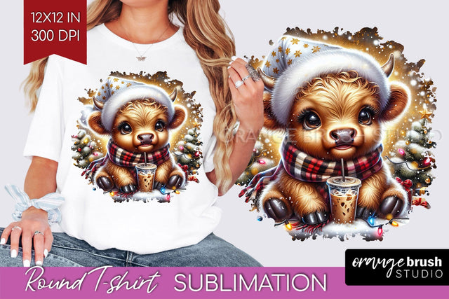 Christmas Round T Shirt Background - Highland Cow Round PNG Sublimation OrangeBrushStudio 