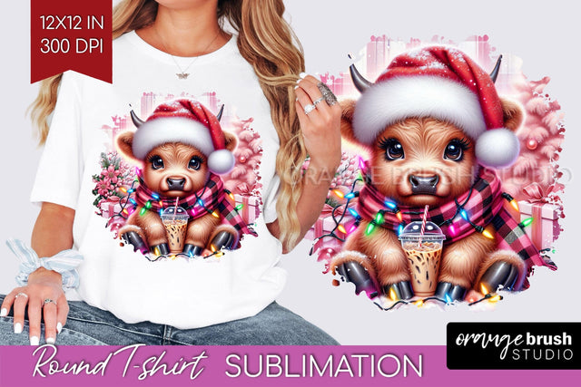 Christmas Round T Shirt Background - Highland Cow Round PNG Sublimation OrangeBrushStudio 