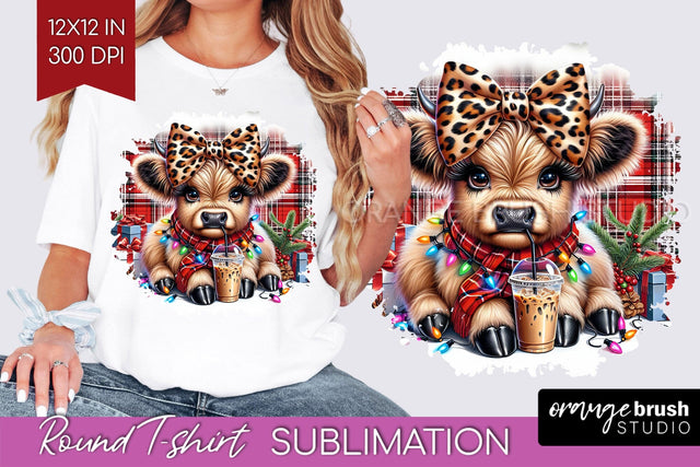 Christmas Round T Shirt Background - Highland Cow Round PNG Sublimation OrangeBrushStudio 