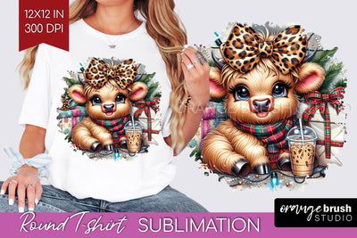 Christmas Round T Shirt Background - Highland Cow Round PNG Sublimation OrangeBrushStudio 