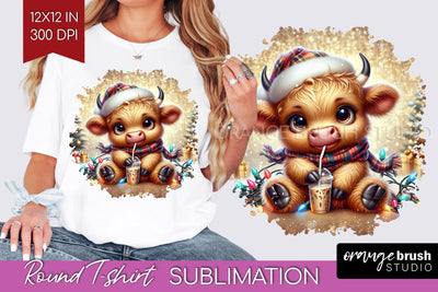Christmas Round T Shirt Background - Highland Cow Round PNG Sublimation OrangeBrushStudio 