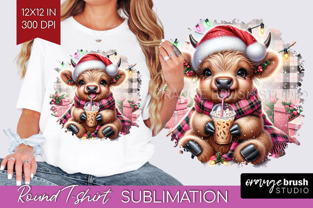 Christmas Round T Shirt Background - Highland Cow Round PNG Sublimation OrangeBrushStudio 