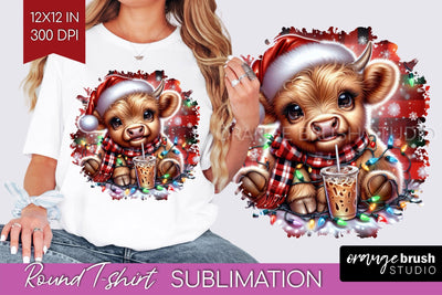 Christmas Round T Shirt Background - Highland Cow Round PNG Sublimation OrangeBrushStudio 