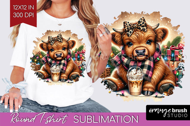 Christmas Round T Shirt Background - Highland Cow Round PNG Sublimation OrangeBrushStudio 