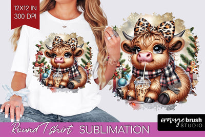 Christmas Round T Shirt Background - Highland Cow Round PNG Sublimation OrangeBrushStudio 