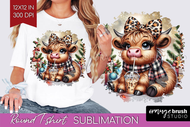 Christmas Round T Shirt Background - Highland Cow Round PNG Sublimation OrangeBrushStudio 