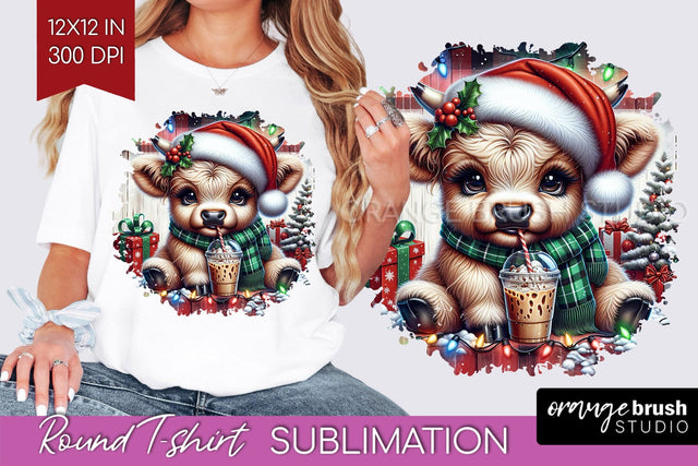 Christmas Round T Shirt Background - Highland Cow Round PNG Sublimation OrangeBrushStudio 
