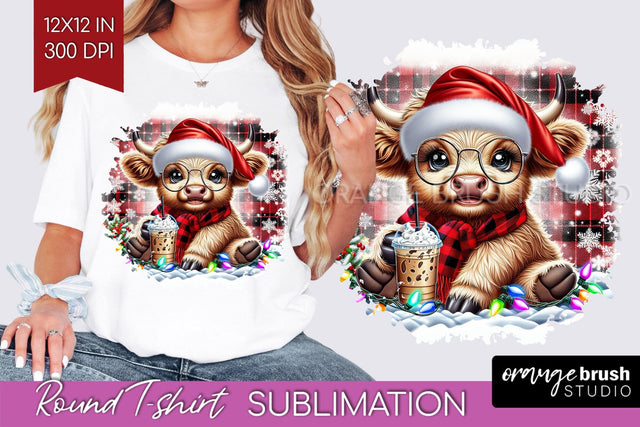 Christmas Round T Shirt Background - Highland Cow Round PNG Sublimation OrangeBrushStudio 
