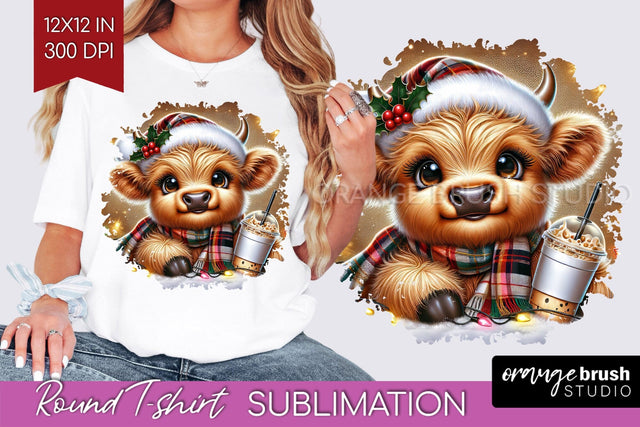 Christmas Round T Shirt Background - Highland Cow Round PNG Sublimation OrangeBrushStudio 