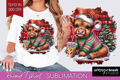 Christmas Round T Shirt Background - Highland Cow Round PNG Sublimation OrangeBrushStudio 