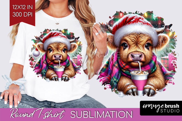 Christmas Round T Shirt Background - Highland Cow Round PNG Sublimation OrangeBrushStudio 