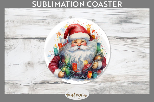 Christmas Santa Claus Entangled in lights Round Coaster Sublimation Sublimation Sintegra 