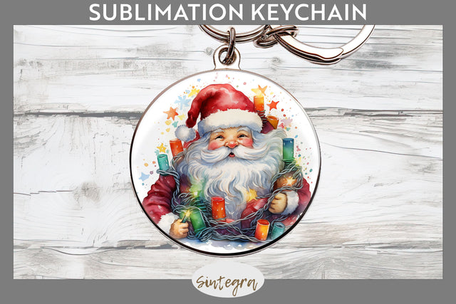 Christmas Santa Claus Entangled in lights Round Keychain Sublimation Sublimation Sintegra 