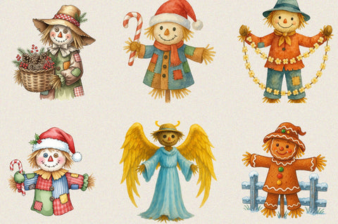 Christmas Scarecrow Clipart Bundle. Sublimation SVGArt 