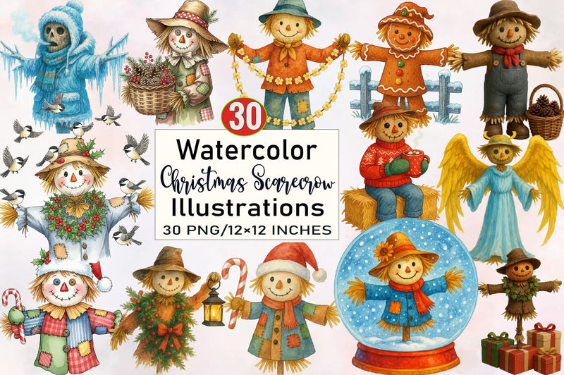 Christmas Scarecrow Clipart Bundle. Sublimation SVGArt 