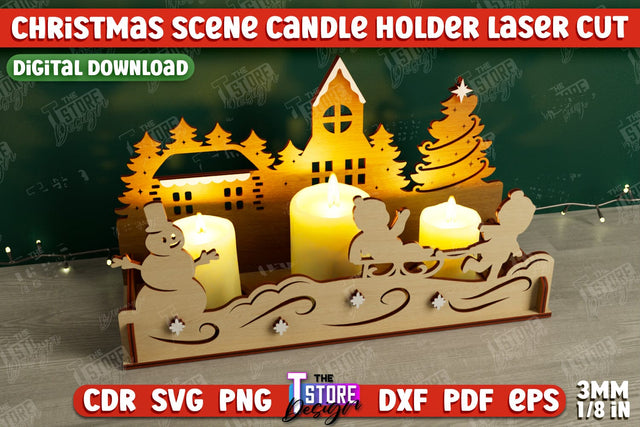 Christmas Scene Candle Holder | Candlestick | Shadow Scene | Christmas Decor | CNC File SVG The T Store Design 
