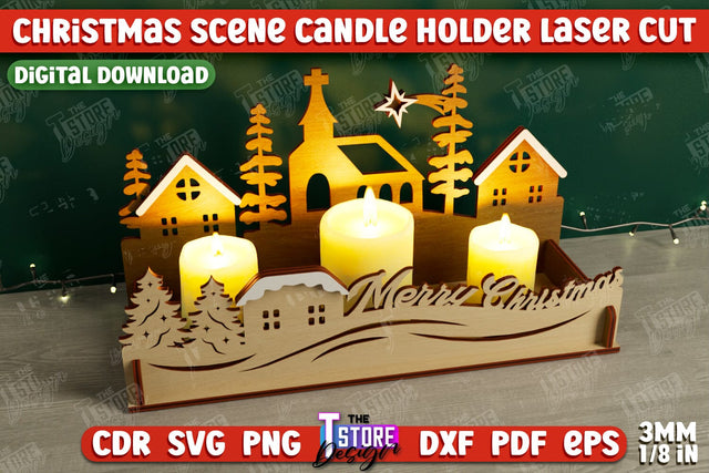 Christmas Scene Candle Holder | Candlestick | Shadow Scene | Christmas Decor | CNC File SVG The T Store Design 