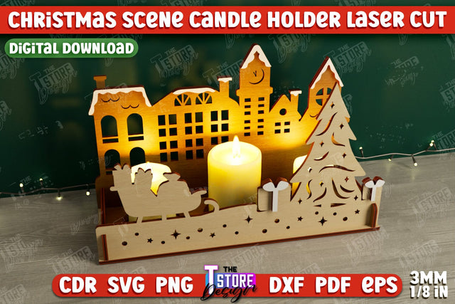 Christmas Scene Candle Holder | Candlestick | Shadow Scene | Christmas Decor | CNC File SVG The T Store Design 