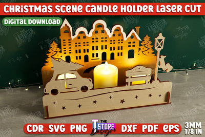 Christmas Scene Candle Holder | Candlestick | Shadow Scene | Christmas Decor | CNC File SVG The T Store Design 