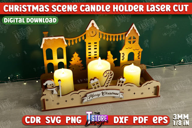 Christmas Scene Candle Holder | Candlestick | Shadow Scene | Christmas Decor | CNC File SVG The T Store Design 