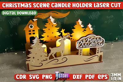 Christmas Scene Candle Holder | Candlestick | Shadow Scene | Christmas Decor | CNC File SVG The T Store Design 