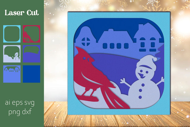Christmas shadow box svg, Layered winter scene with snowman red cardinal 3D Paper AnastasiyaArtDesign 
